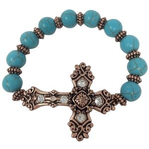 Sideways Cross Turquoise Beaded Christian Copper Tone Stretch Bracelet